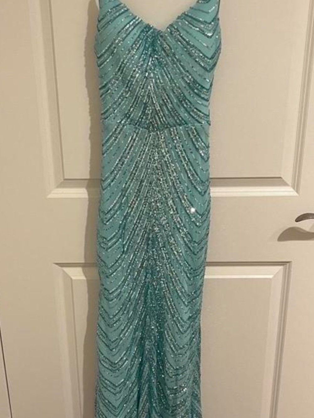 B Darlin Aqua Sequin V-Neck Prom Gown